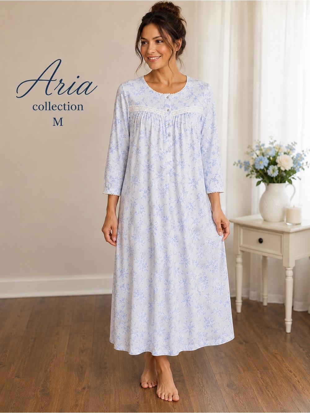 Aria Collection Floral Sleep Gown Nightgown Lace Trim Soft Brushed M